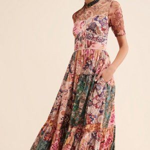 NWOT GEISHA DESIGNS Anthropologie Sheer Patchwork Printed Maxi Dress Size 2